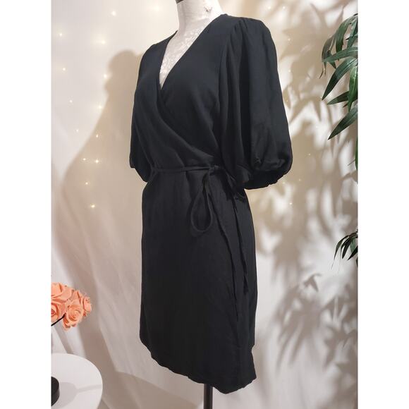 Old Navy Waist-Defined Puff-Sleeve Linen-Blend Mini Wrap Dress Size M Tall Black - Picture 2 of 10